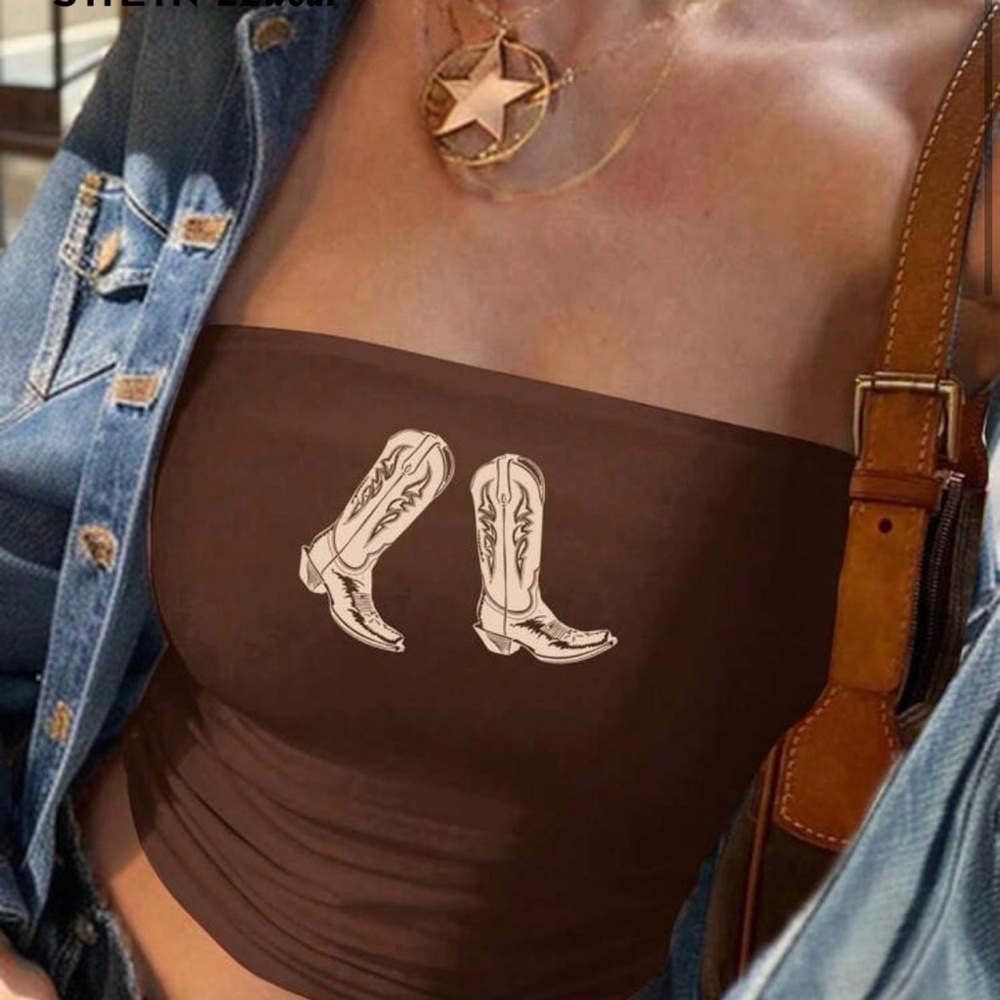 Brown Strapless Top with Boot Print